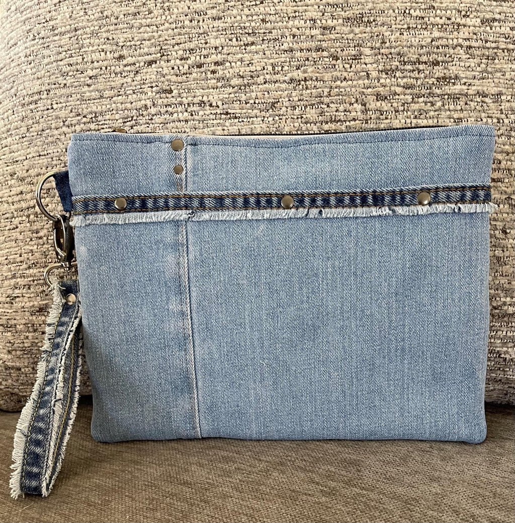 Unique bohemian handbag One-of-a-Kind Denim Patchwork Clutch with removable Wrist Handle