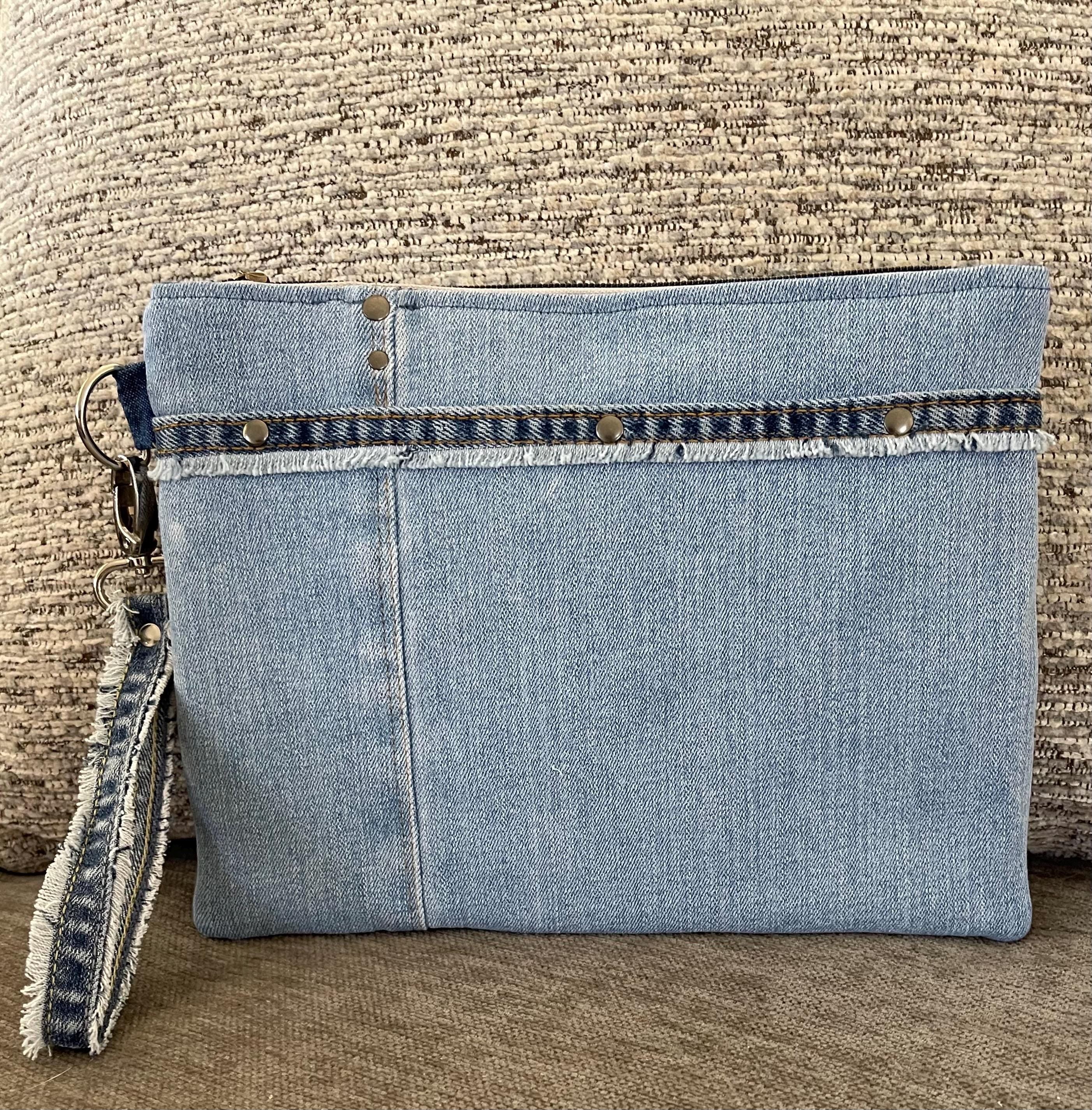 Unique bohemian handbag One-of-a-Kind Denim Patchwork Clutch with removable Wrist Handle