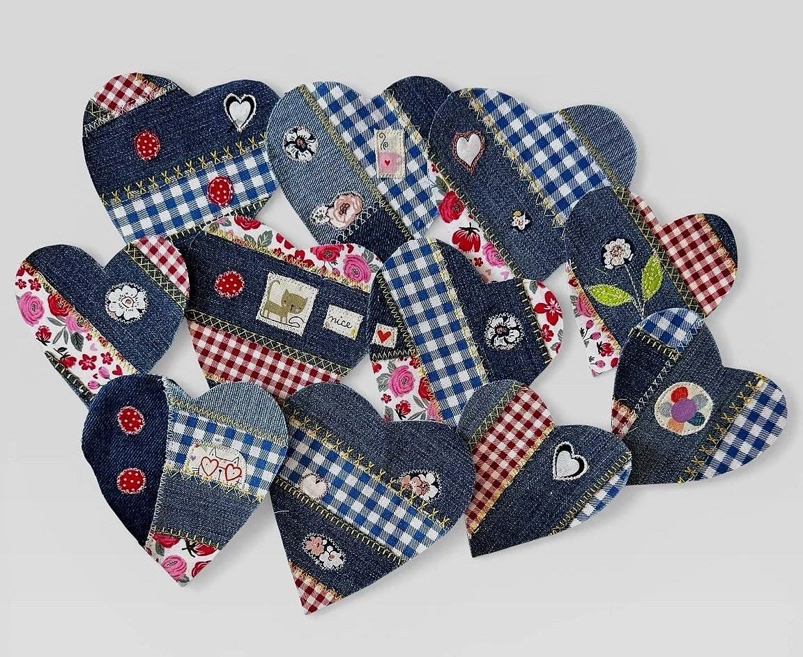 Handmade Denim Heart Patches – Upcycled Patchwork Appliqué for Jackets, Jeans, Bags