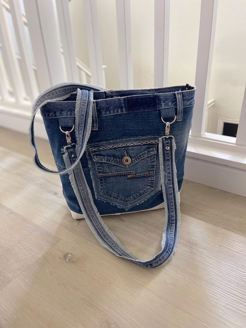 Denim Tote Hand embroidery patchwork shoulder bag-Sashiko inspired one of a kind