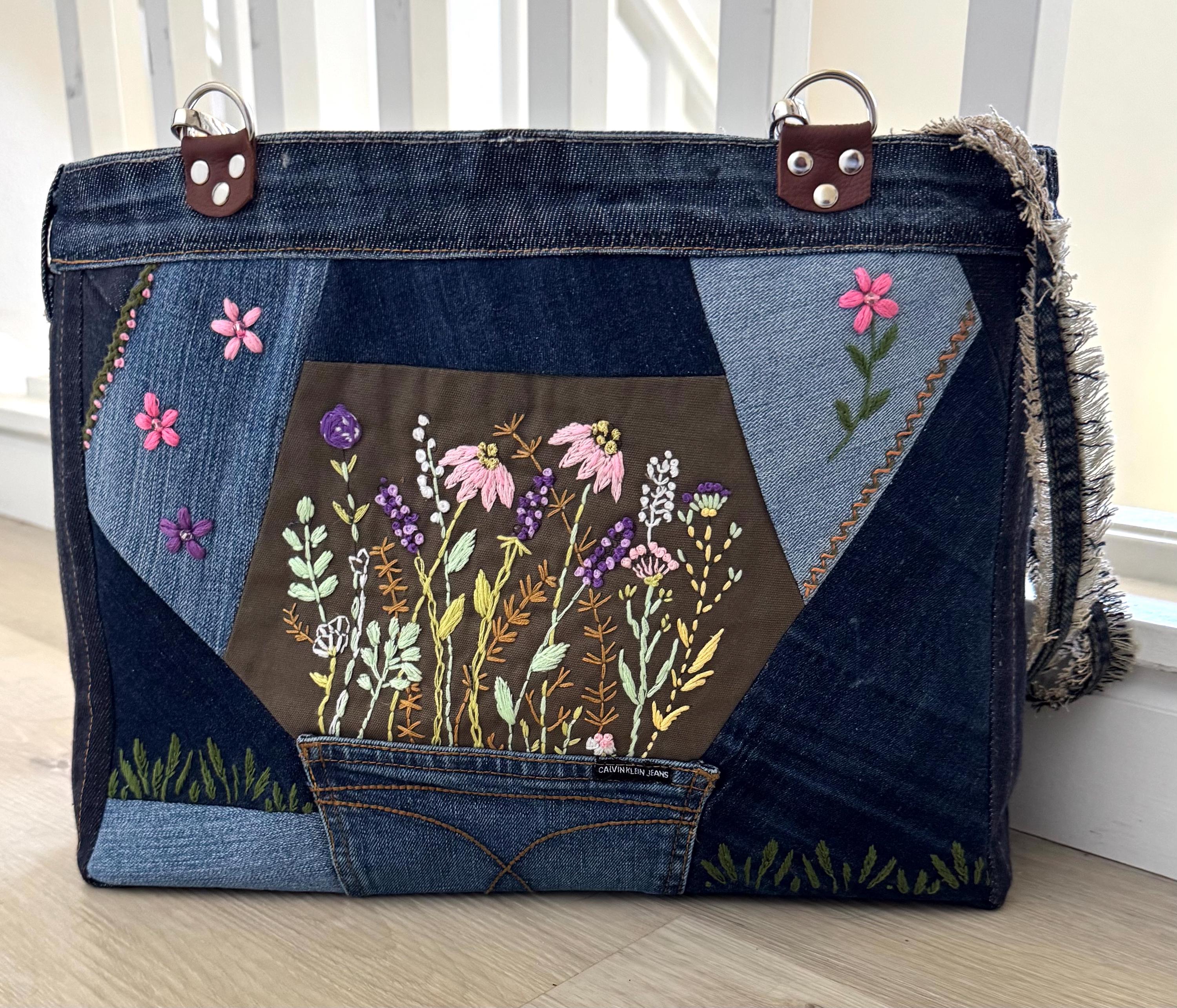 Embroidered Floral Denim Shoulder Bag: Upcycled Patchwork Tote