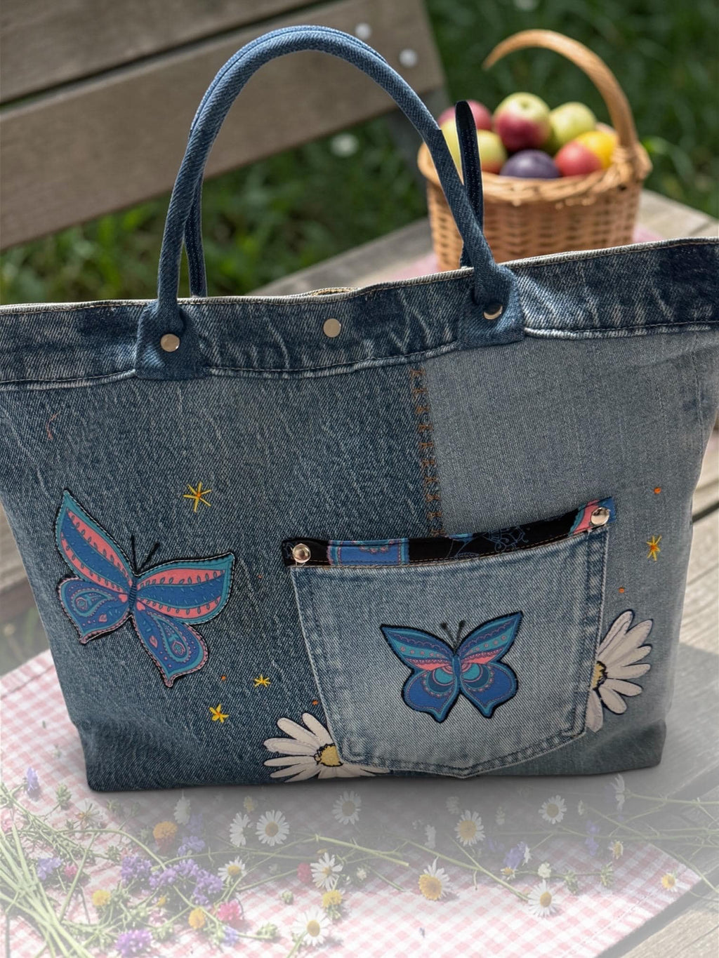 Patchwork Denim Butterfly Tote Bag – Upcycled Jeans Handbag, Floral Applique Purse