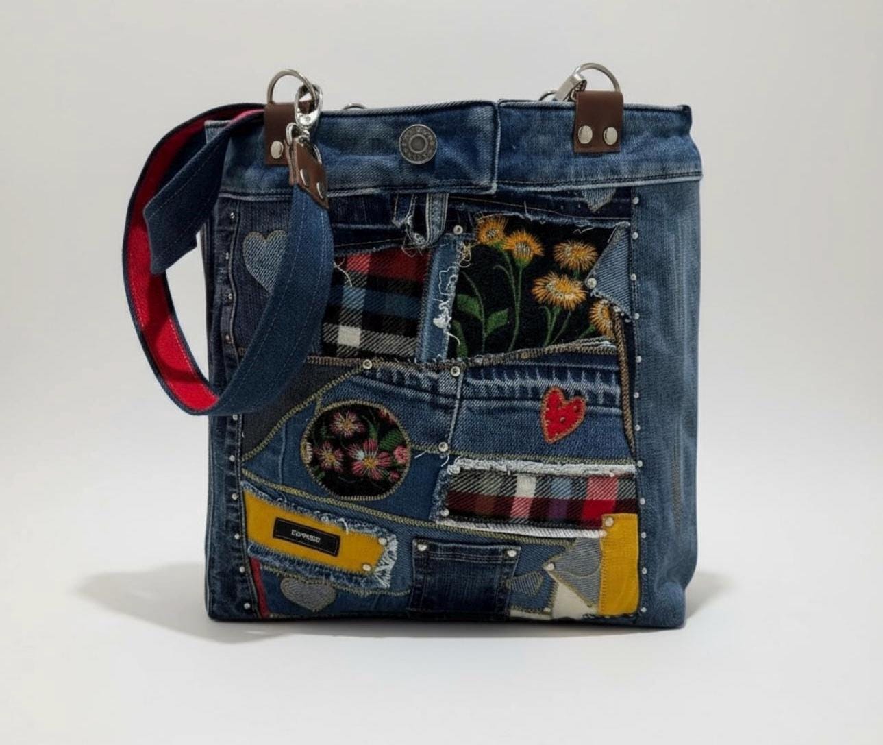 Boho Patchwork Denim Tote Bag-Handmade Upcycled Cotton Jean Purse & Embroidery
