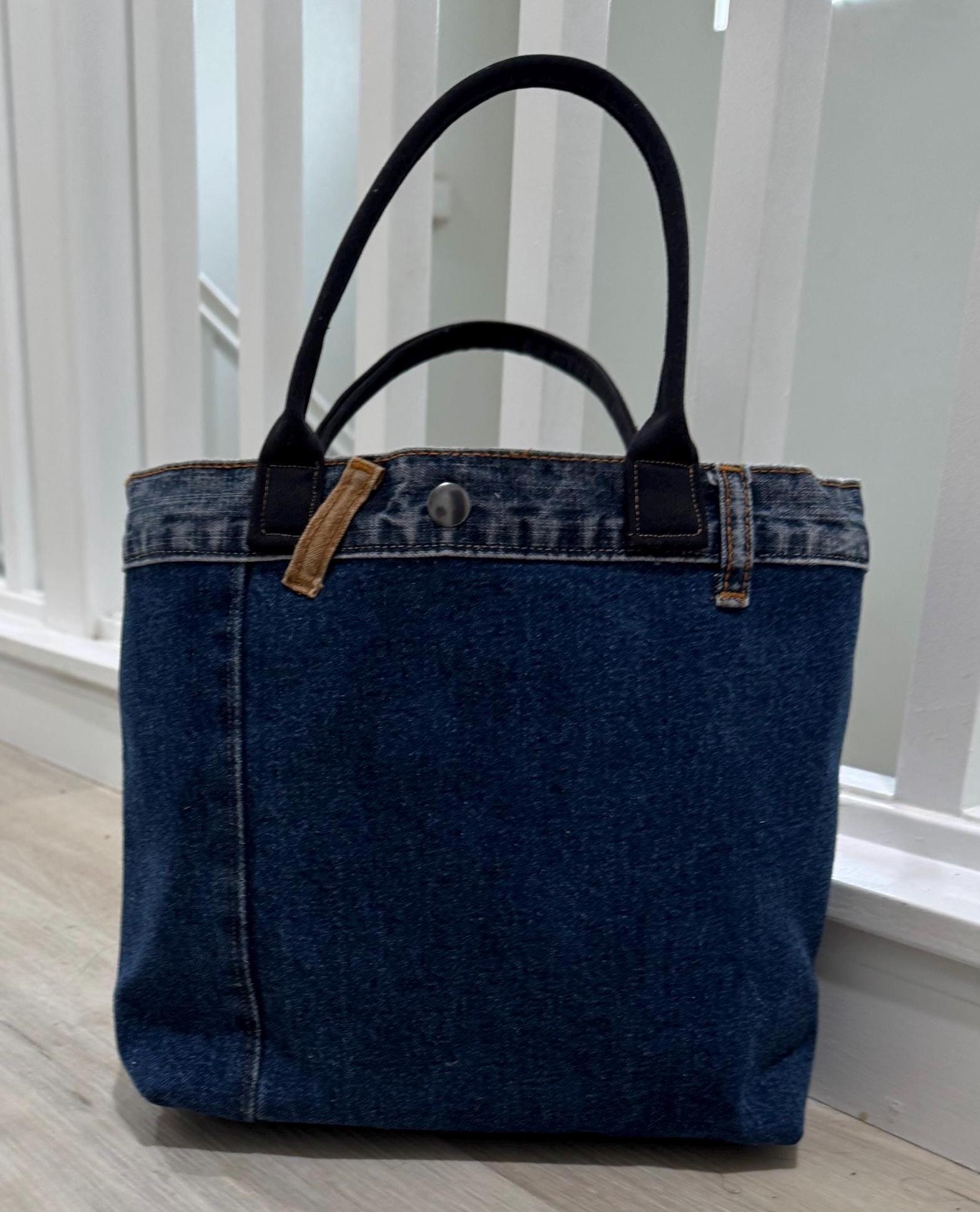 Distressed Denim Tote Bag with Hand & Machine Embroidery-Upcycled-One-of-a-Kind
