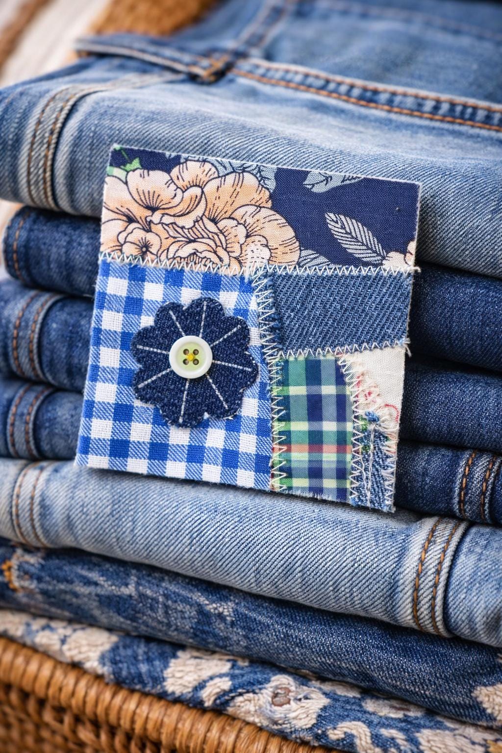 Handmade Denim Patches 4x4, Sew-On Appliqué, Upcycled Patchwork