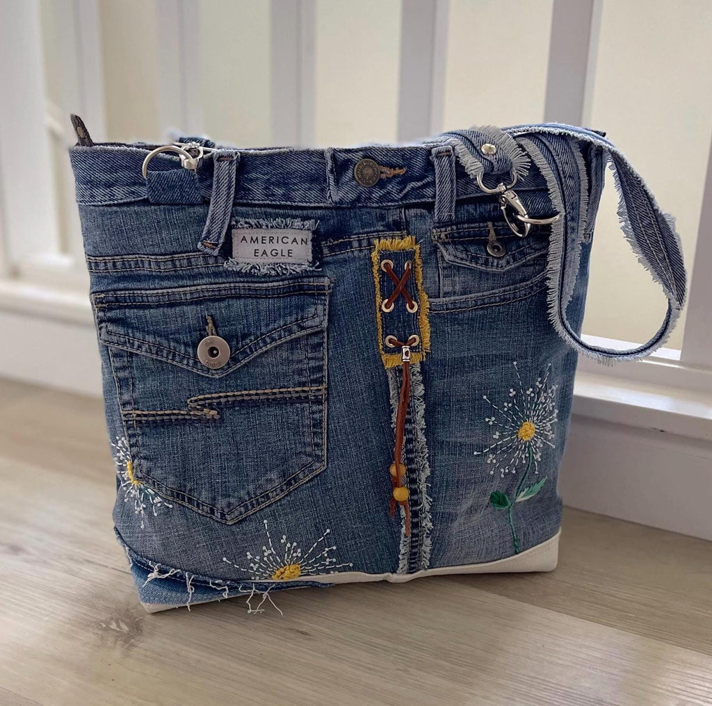 Denim Tote Hand embroidery patchwork shoulder bag-Sashiko inspired one of a kind