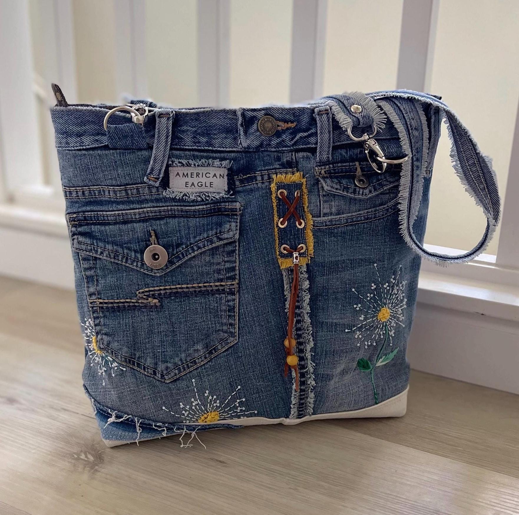 Denim Tote Hand embroidery patchwork shoulder bag-Sashiko inspired one of a kind