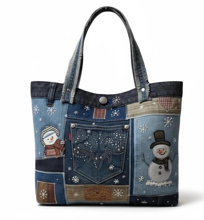 Handmade Upcycled Denim Tote – Snowman Patchwork Winter Bag