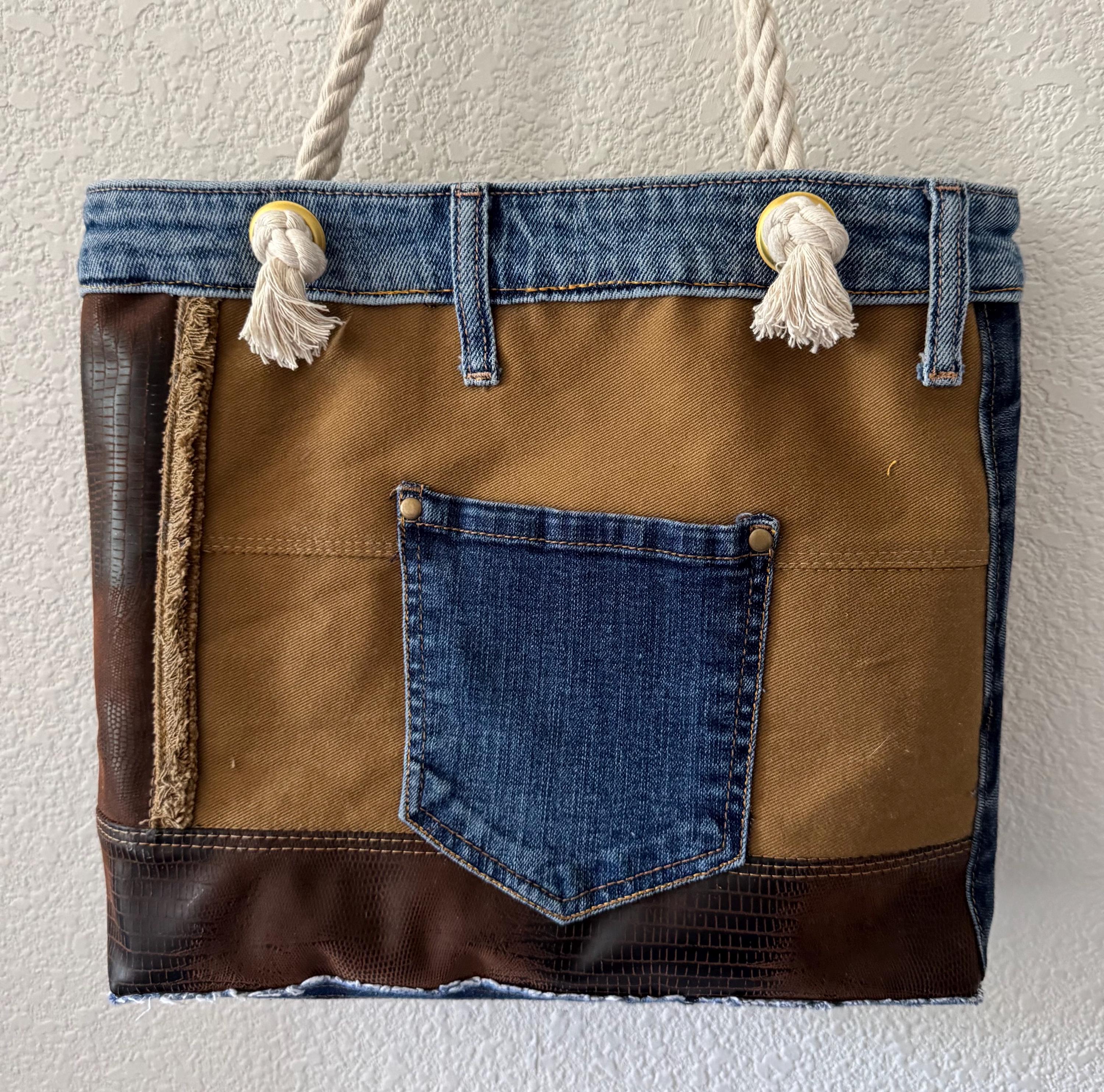 Dog Tapestry Tote Bag: Upcycled Denim & Rope Handles