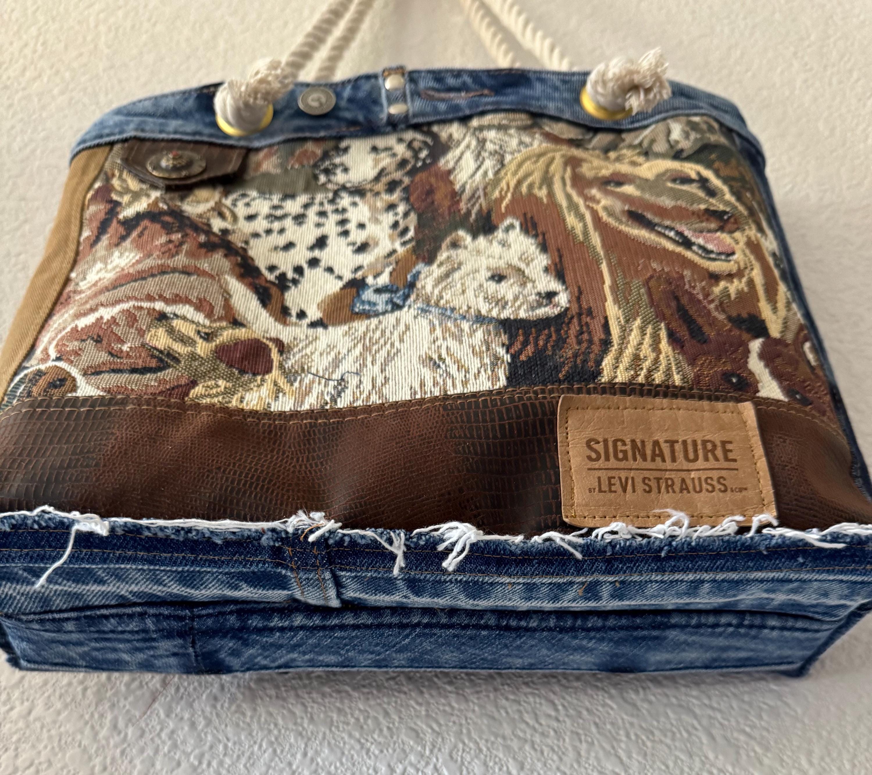 Dog Tapestry Tote Bag: Upcycled Denim & Rope Handles