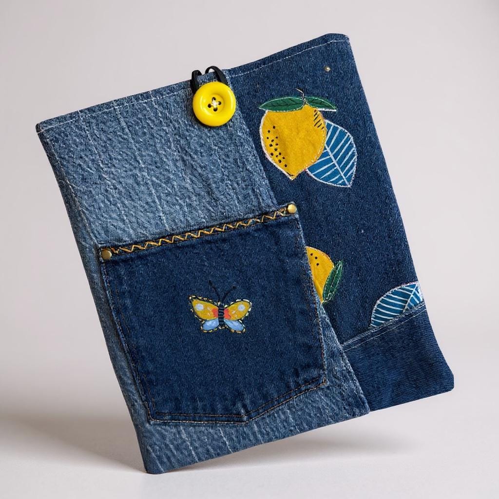 Large Quilted Denim Sleeve | Book, iPad, Tablet Organizer | Handmade Patchwork Bag (9x11)