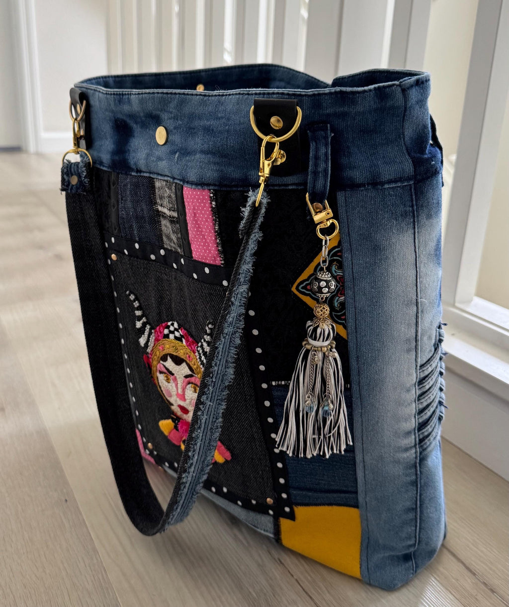 Handmade Upcycled Denim Tote: Embroidered "Little Devil Girl" Boho Bag