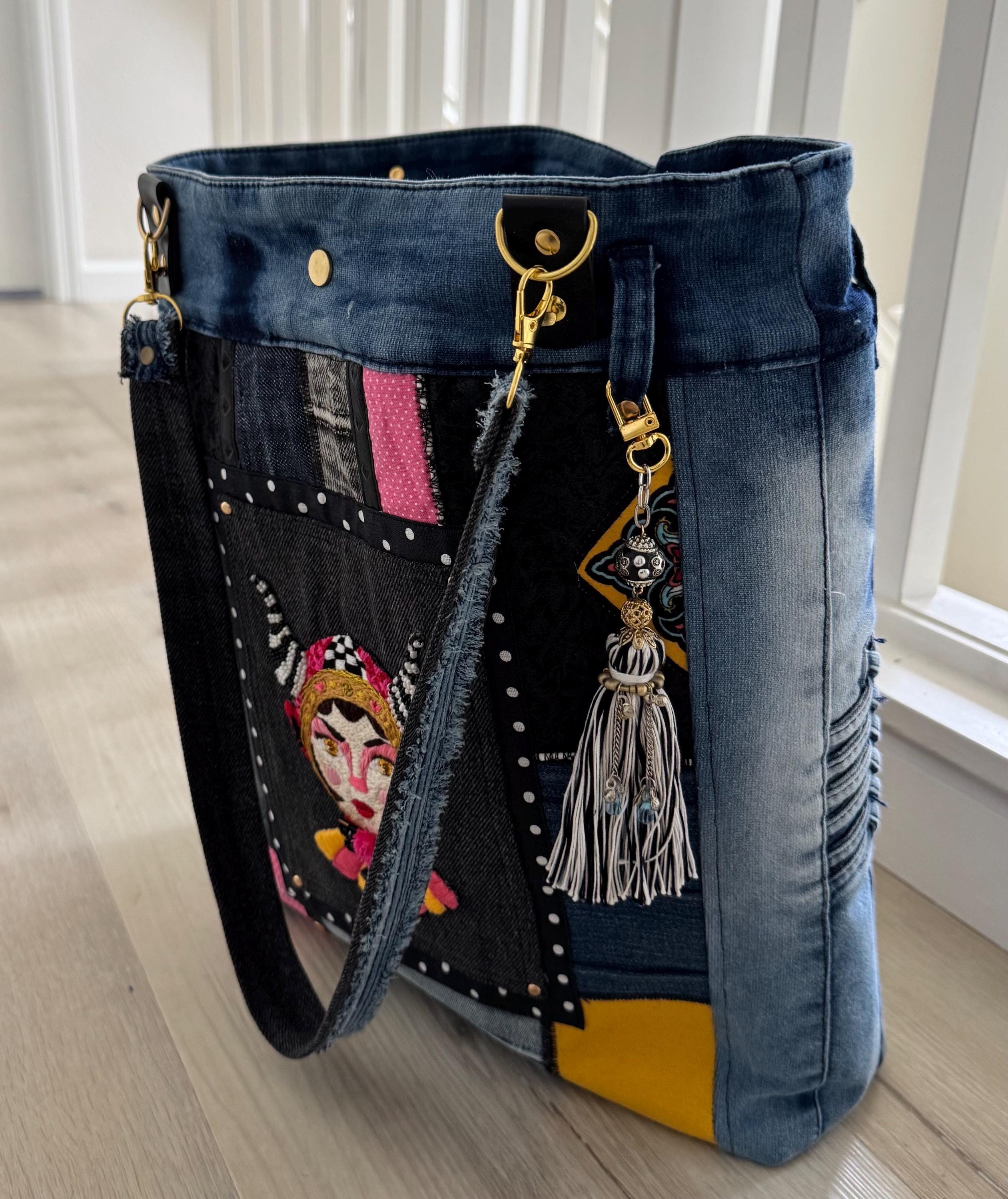 Handmade Upcycled Denim Tote: Embroidered "Little Devil Girl" Boho Bag