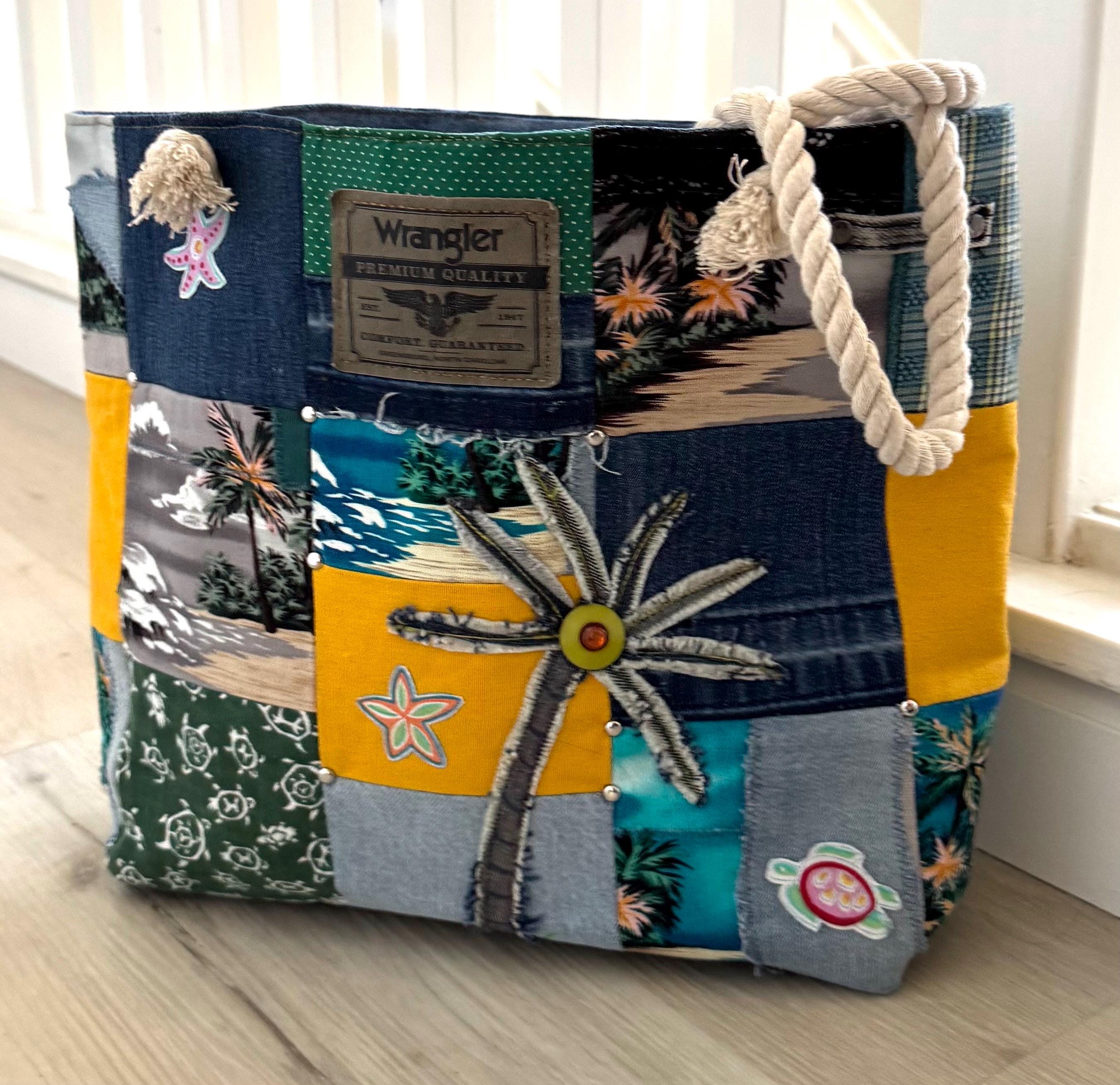 Tropical Patchwork Denim Tote Bag – Upcycled Beach Bag with Rope Handles