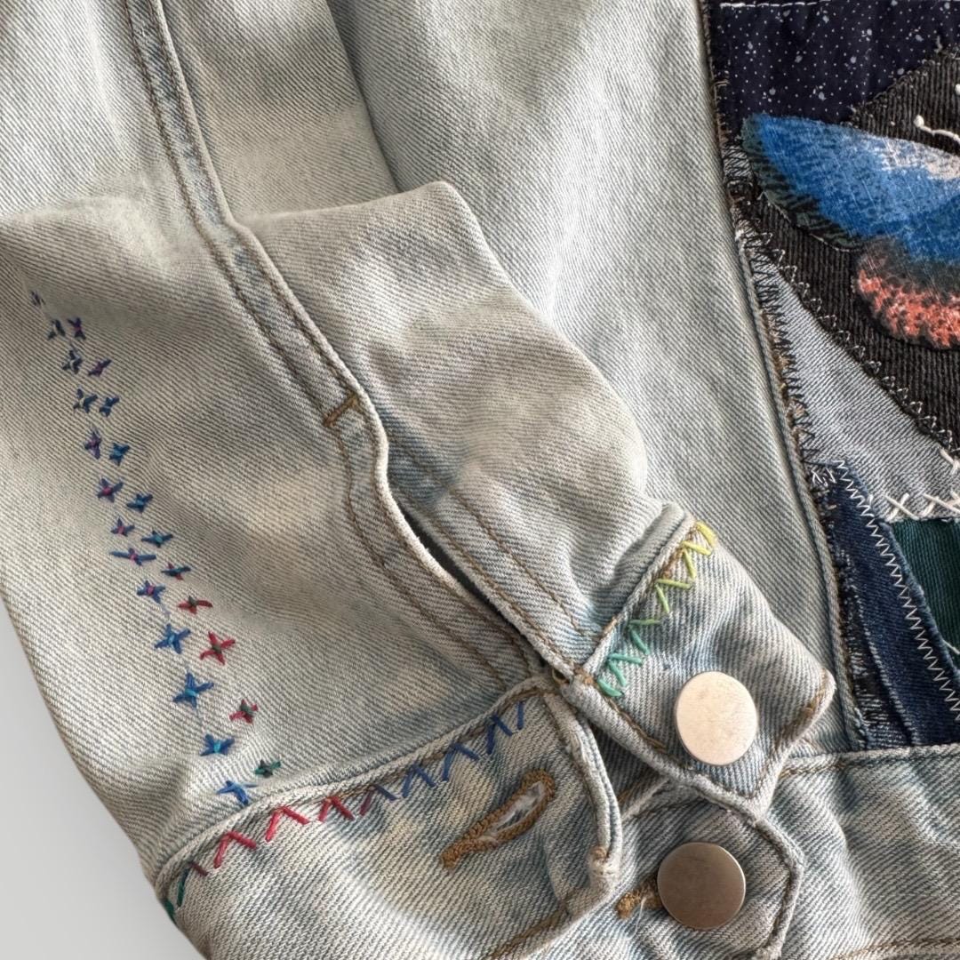 One-of-a-Kind Sashiko Boro Denim Jacket with Butterfly Appliqué | Hand-Embroidered, Upcycled, Japanese Threads