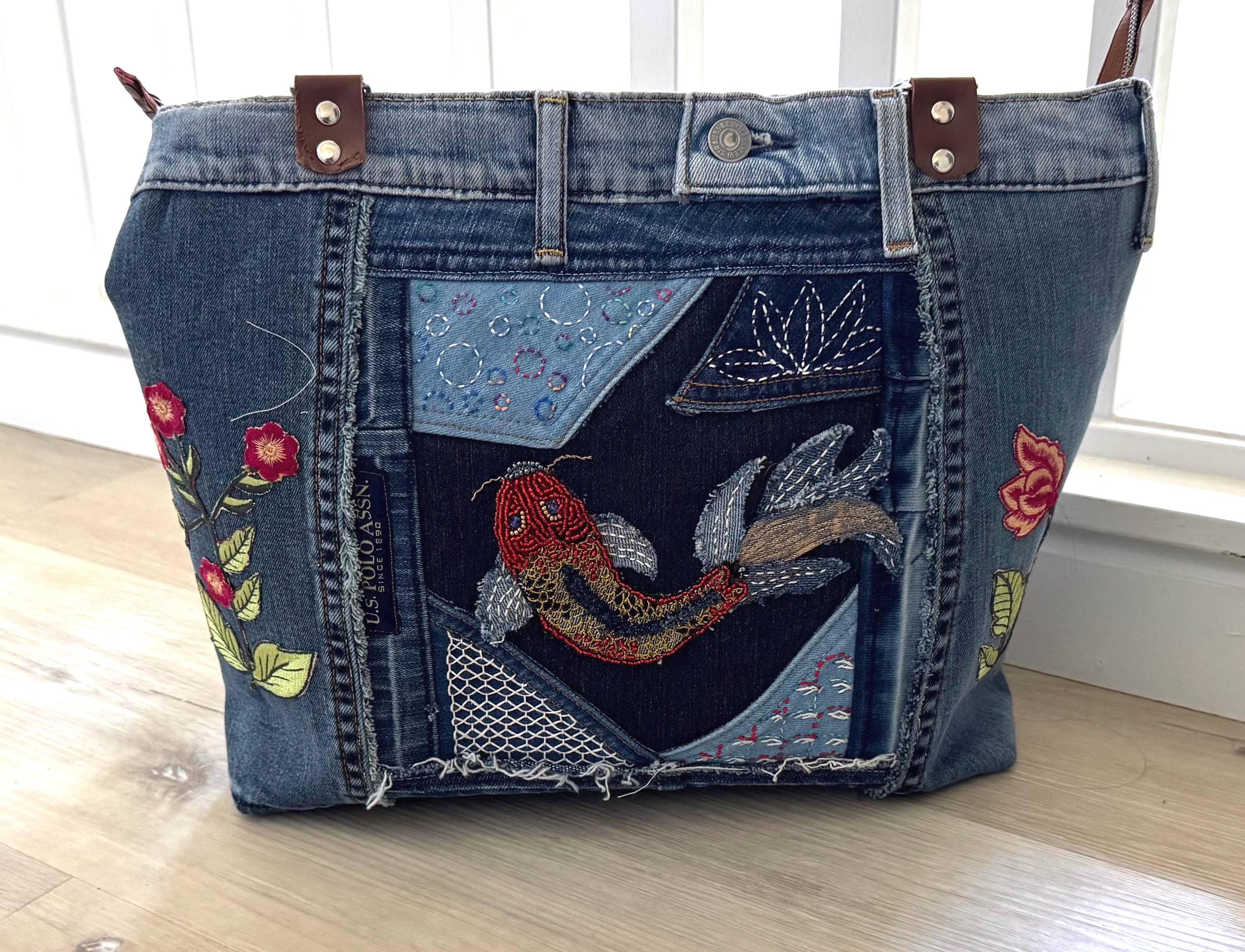 Upcycled Denim Tote Bag: Handmade Beaded Koi Fish Shoulder Bag