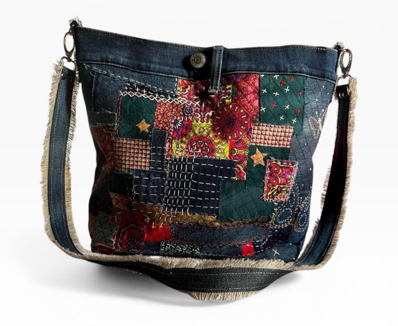 Upcycled Denim Patchwork Crossbody Bag | Sashiko Boro Inspired Boho Purse