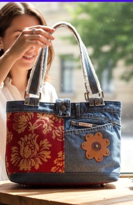 Upcycled Denim Patchwork Shoulder Bag | Leather Bottom Boho Tote Purse