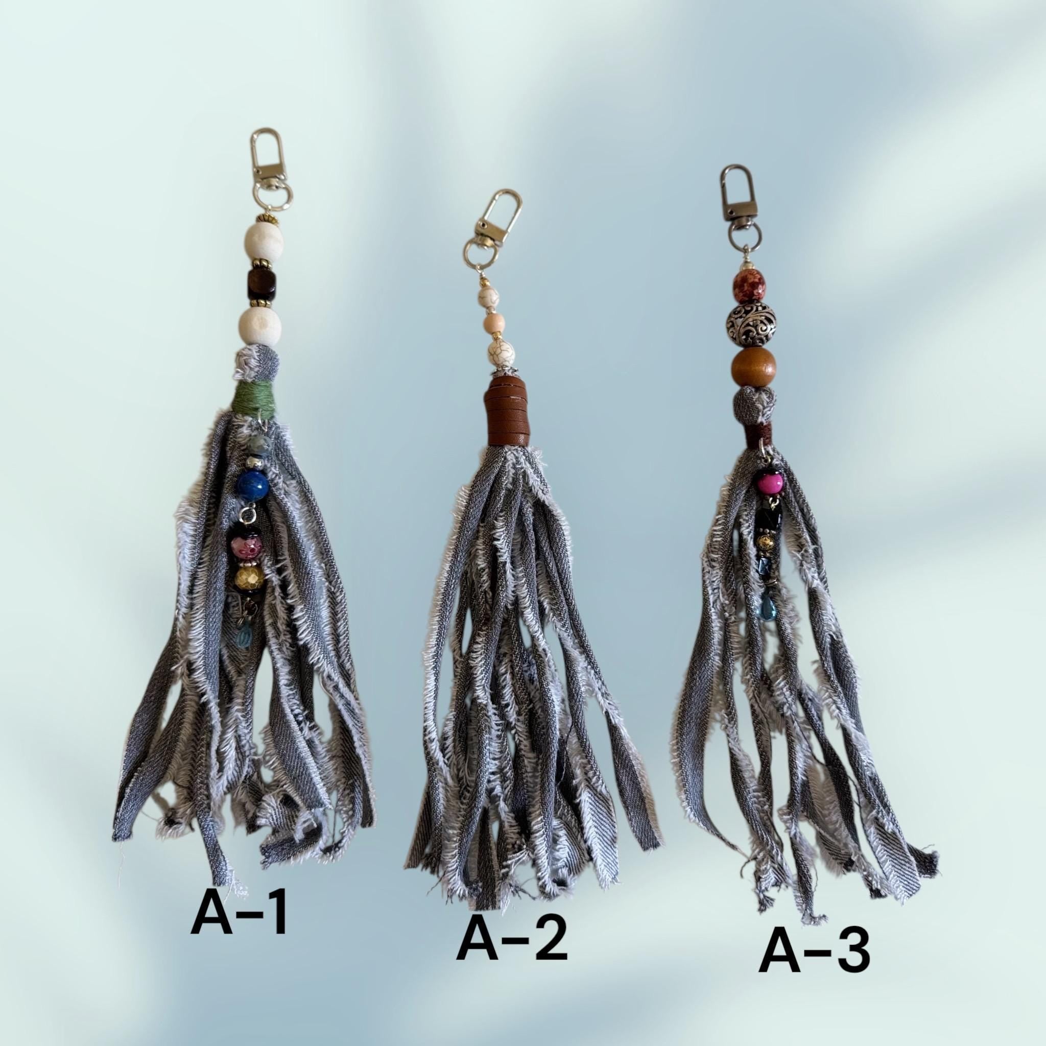 Boho Denim Tassel Charm: Handmade Crystal & Bead Bag Accessory
