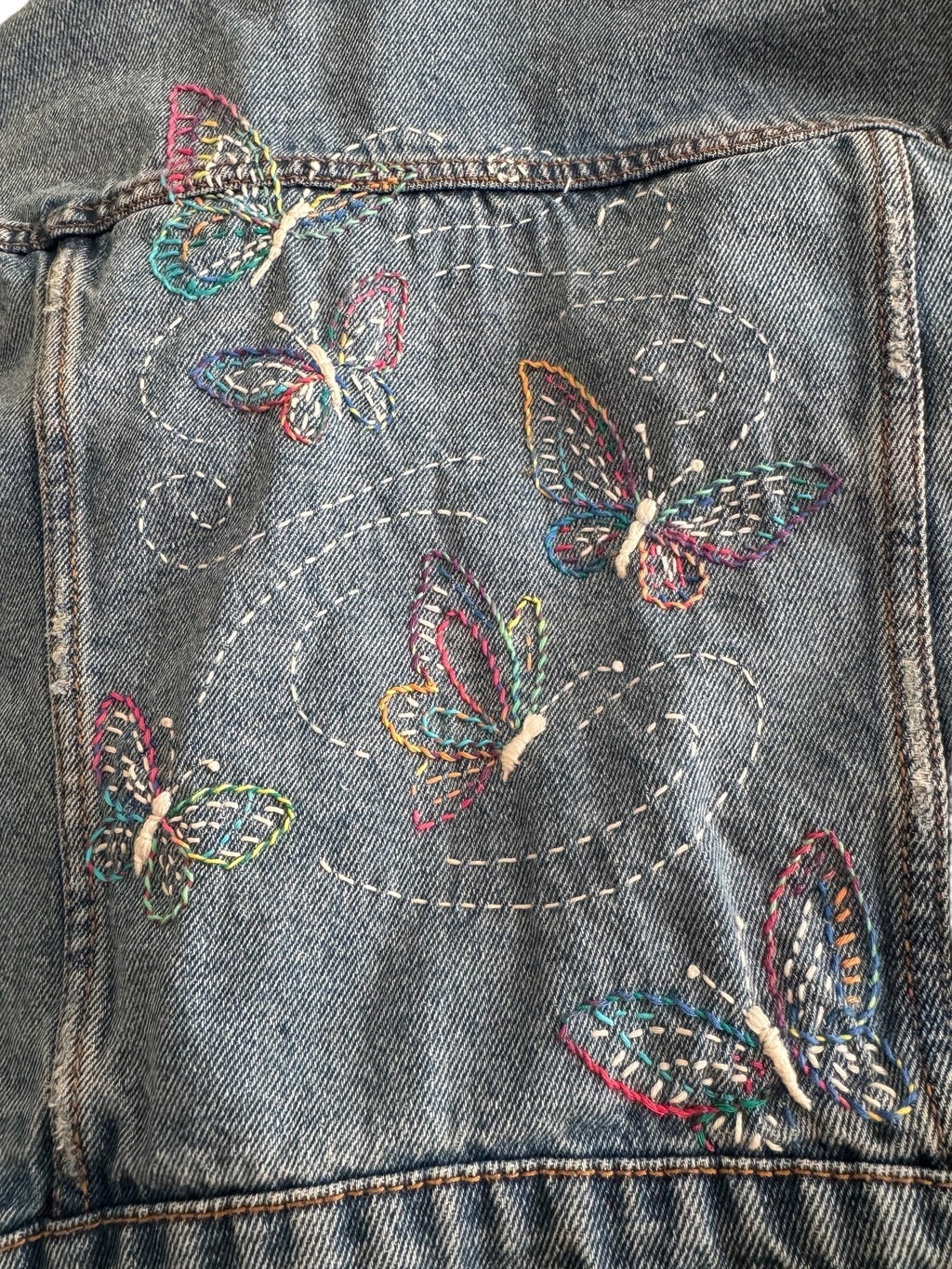 Cropped butterfly Hand-Embroidered Denim Jacket with Sherpa Collar – Small