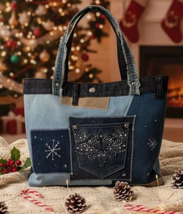 Handmade Upcycled Denim Tote – Snowman Patchwork Winter Bag