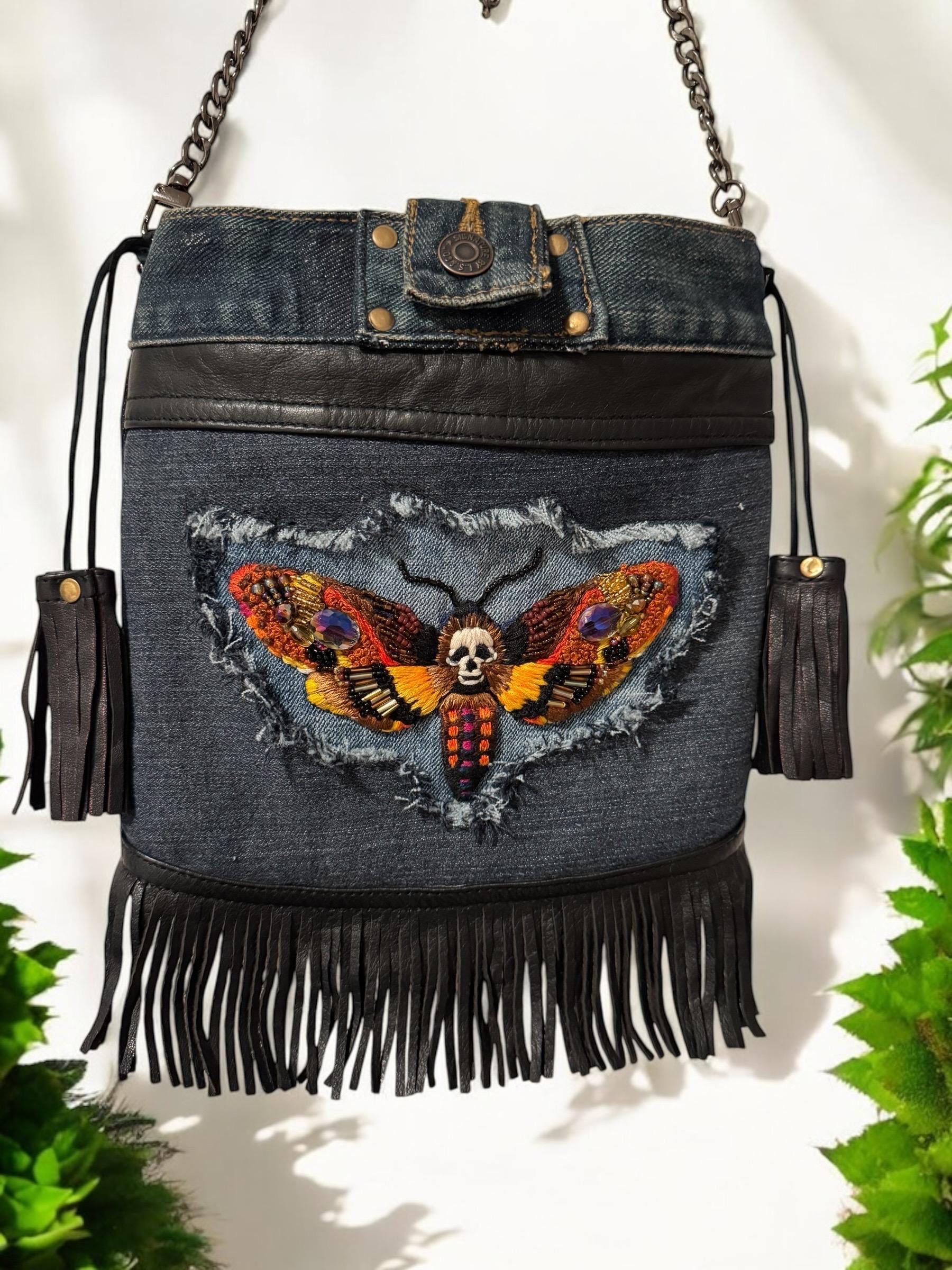 Handmade Denim Crossbody Bag – Embroidered Death Moth, Leather Fringe
