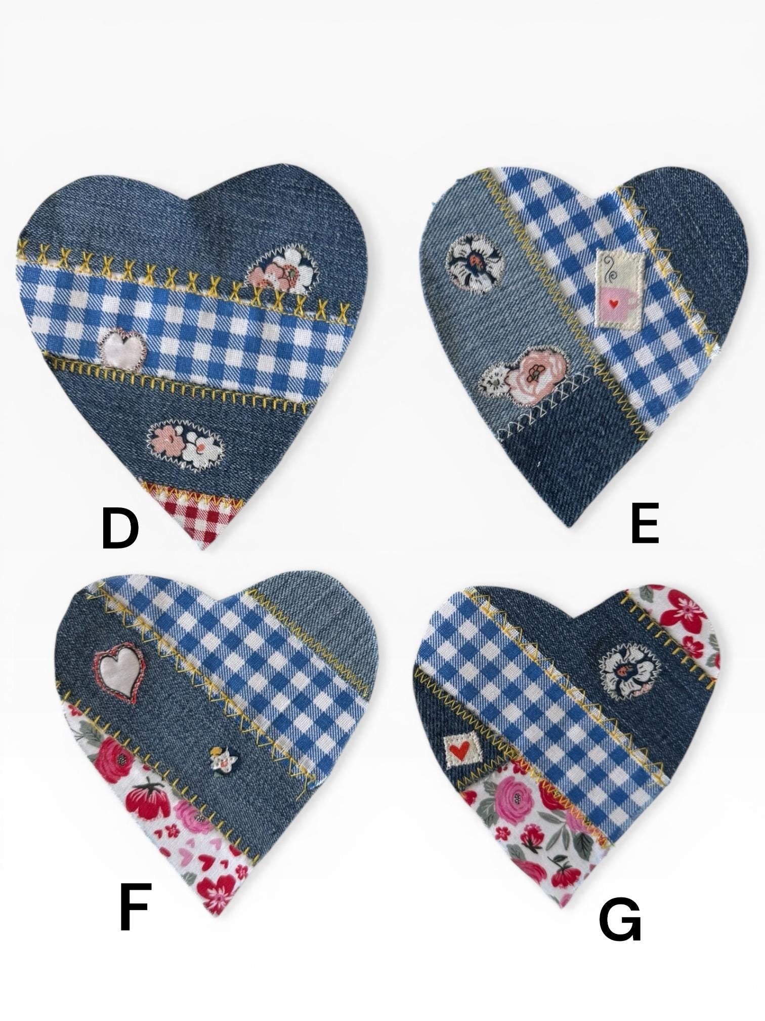 Handmade Denim Heart Patches – Upcycled Patchwork Appliqué for Jackets, Jeans, Bags