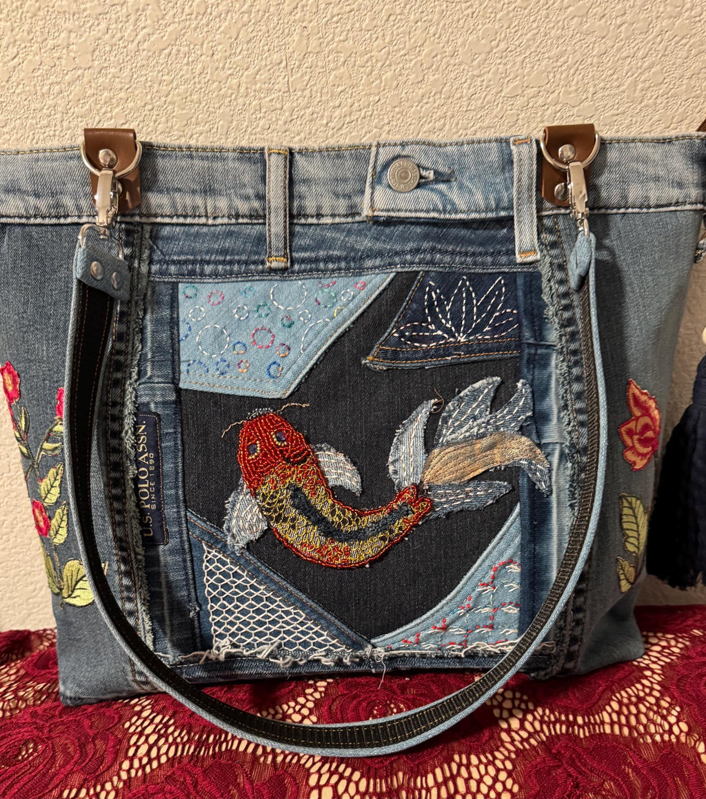 Upcycled Denim Tote Bag: Handmade Beaded Koi Fish Shoulder Bag