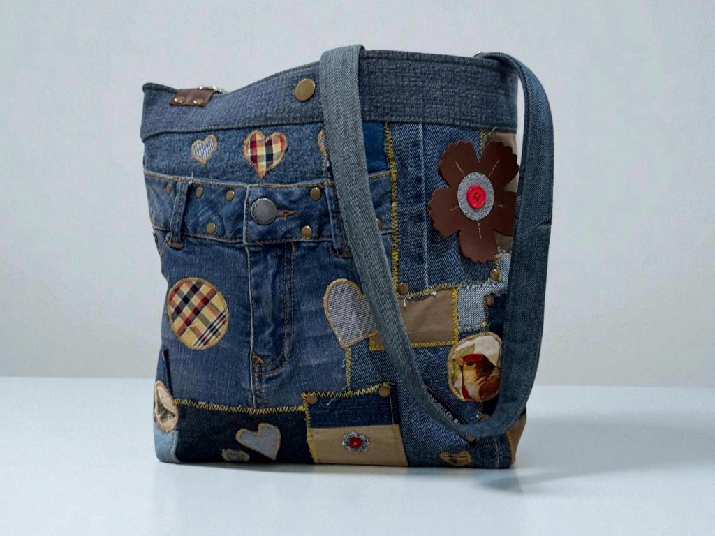 Upcycled Patchwork Denim Crossbody Bag – Handmade with Love