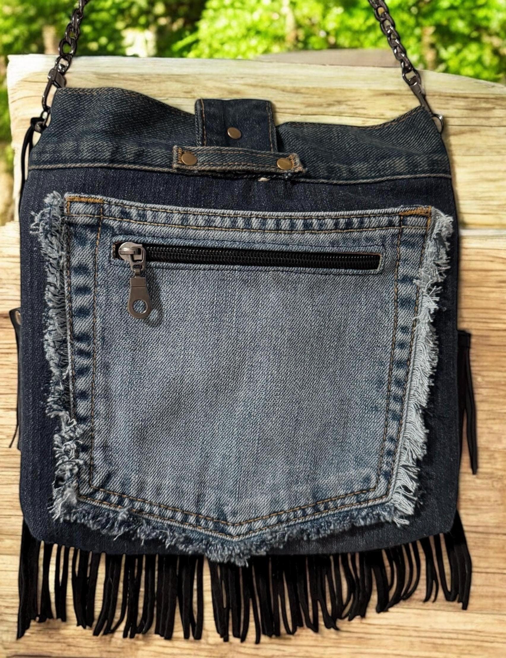 Handmade Denim Crossbody Bag – Embroidered Death Moth, Leather Fringe