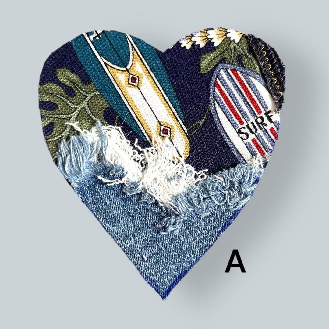 Handmade Denim Heart Patch: Upcycled Surf Floral Sew-On Applique
