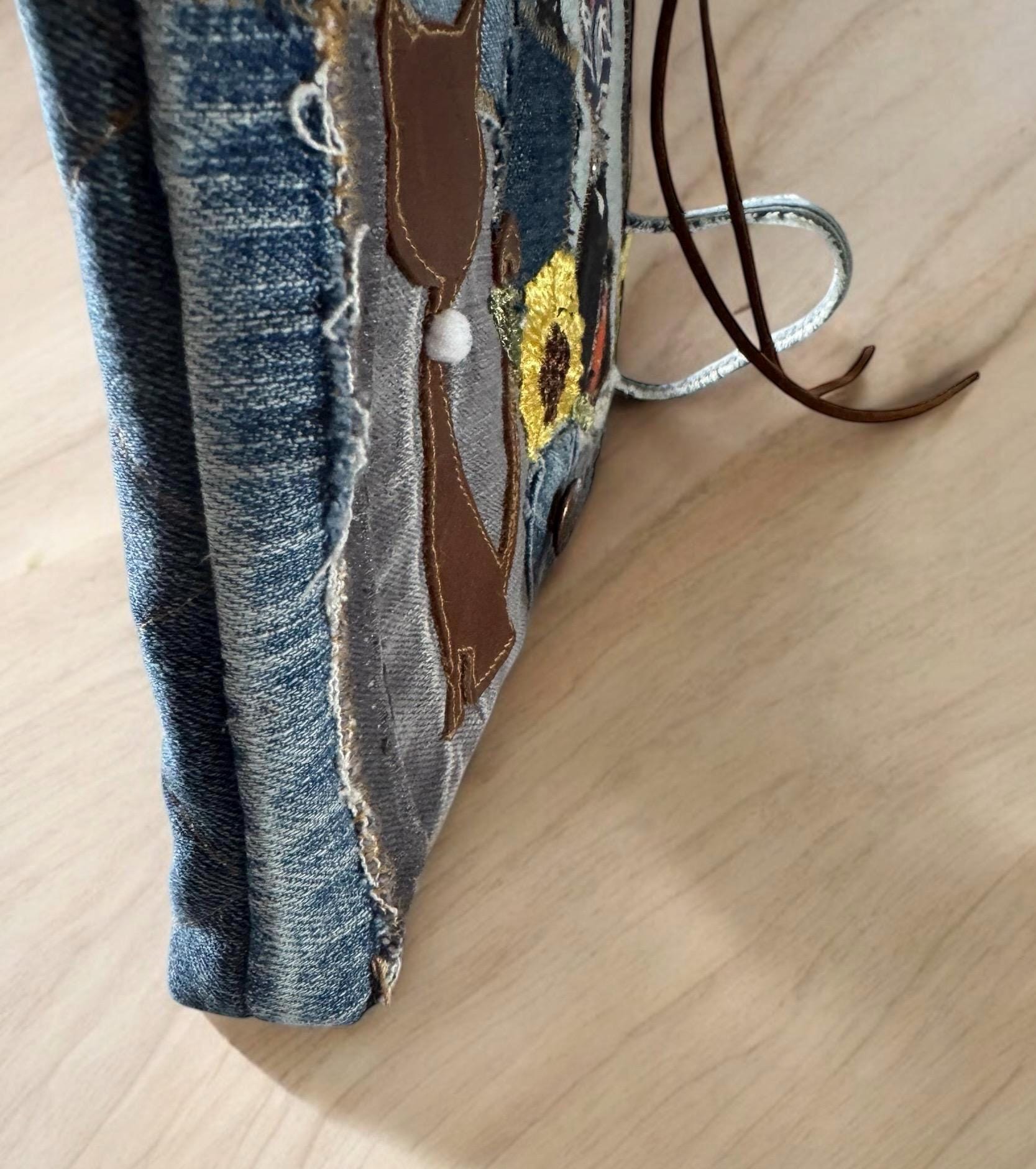 Cat Patchwork Crossbody Clutch Bag – Handmade Upcycled Denim Wristlet with Sunflowers, Appliqué & Chain Strap