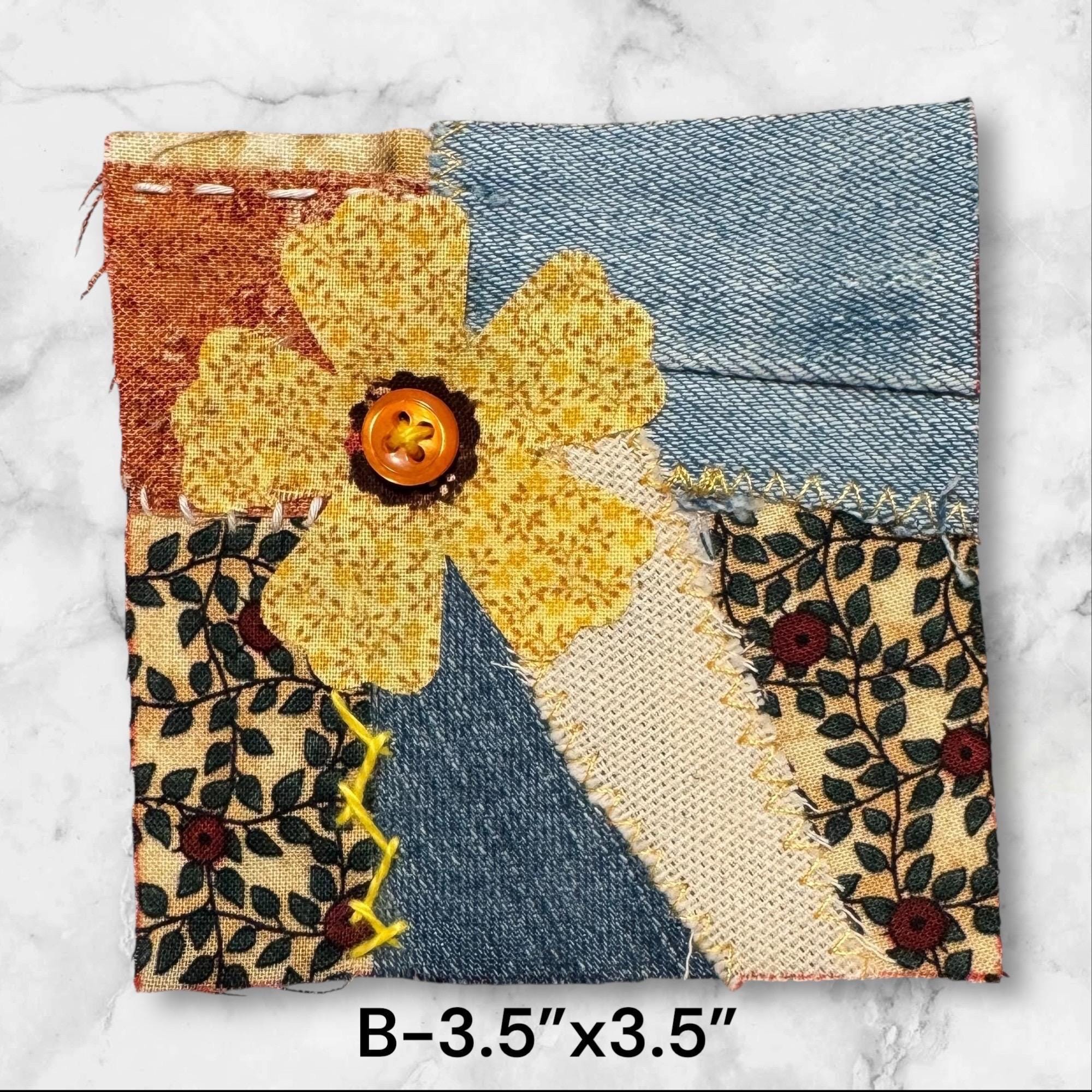 Handmade Denim Patchwork – 4” & 3.5” Hand-Sew on – Upcycled Denim, Cotton fabric