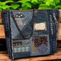 Upcycled Denim Patchwork Tote Bag: Mushroom Embroidery, Chain Strap