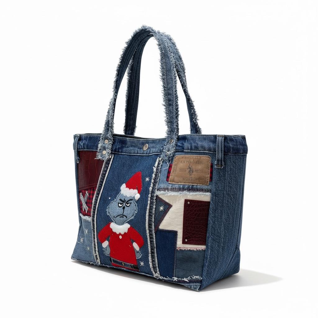 Grinch Christmas Patchwork upcycle Denim Tote Bag – Handmade – One of a Kind
