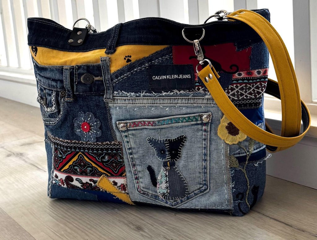 Upcycled Denim Tote Bag: Boho Patchwork with Cat Appliqué