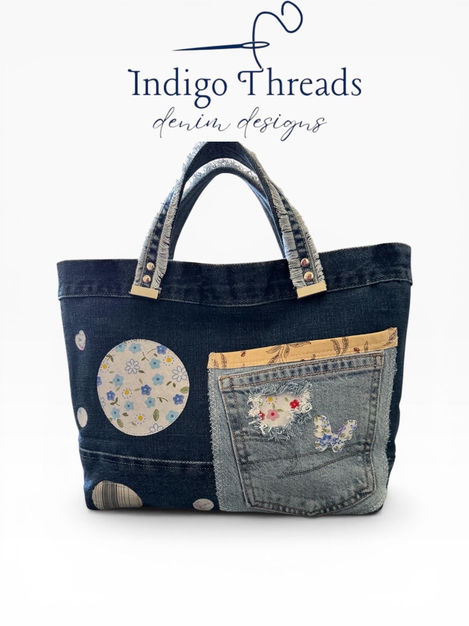 Patchwork Denim Tote Bag, Upcycled Jeans Heart Appliqué Purse, Boho Handbag