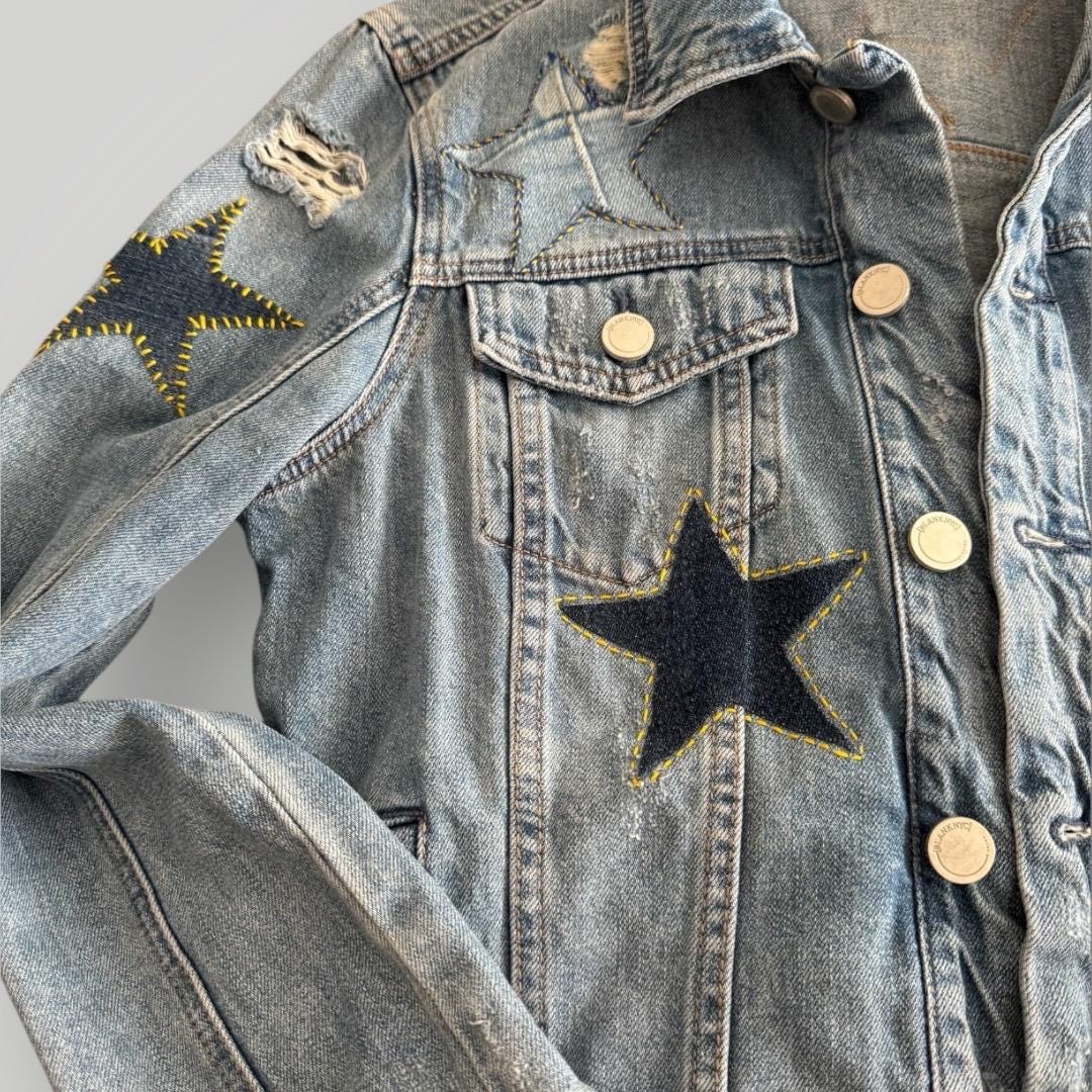 Upcycled Denim Star Patchwork Jacket: Distressed Handmade Jean Jacket - S/M
