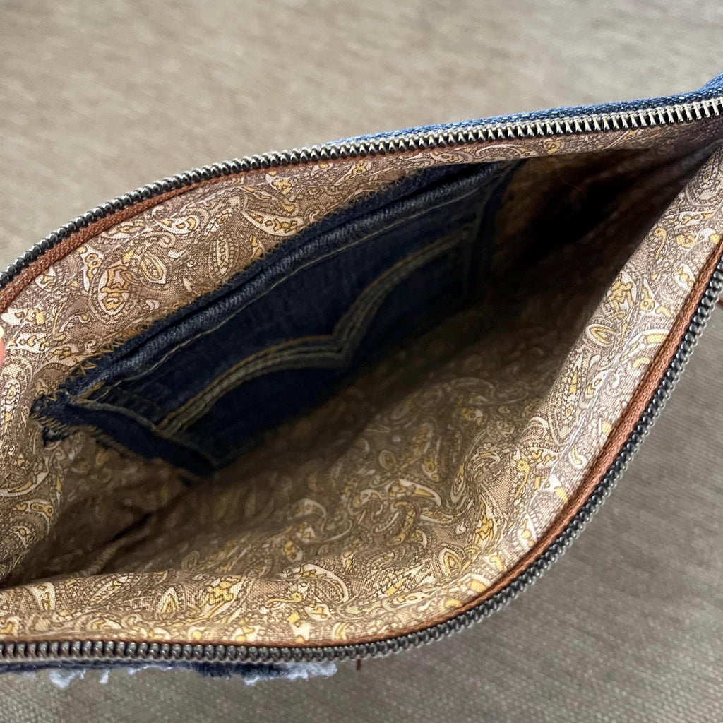 Boho Denim Patchwork Clutch Wristlet: Upcycled Jeans, Inside Pocket