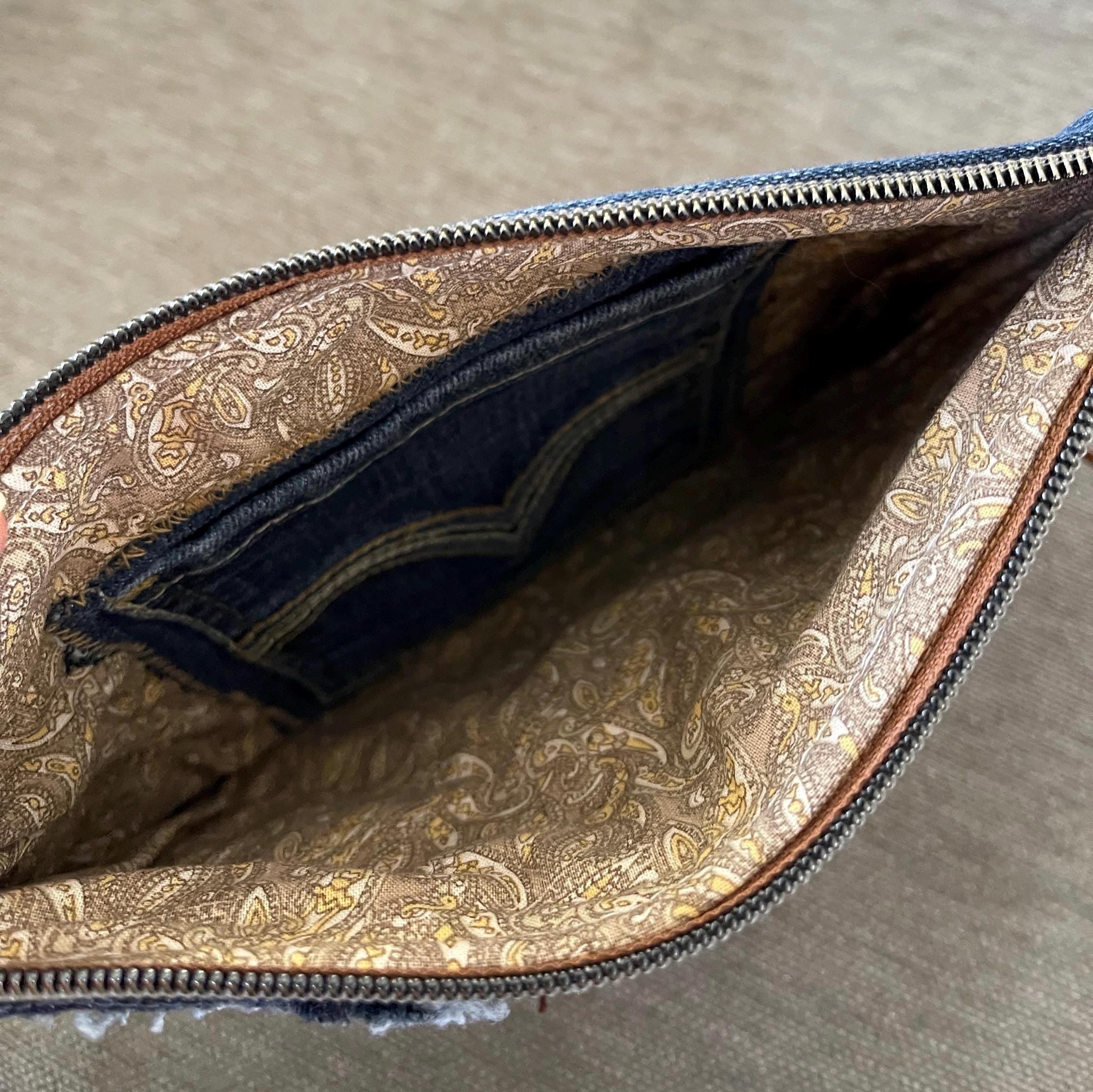 Boho Denim Patchwork Clutch Wristlet: Upcycled Jeans, Inside Pocket
