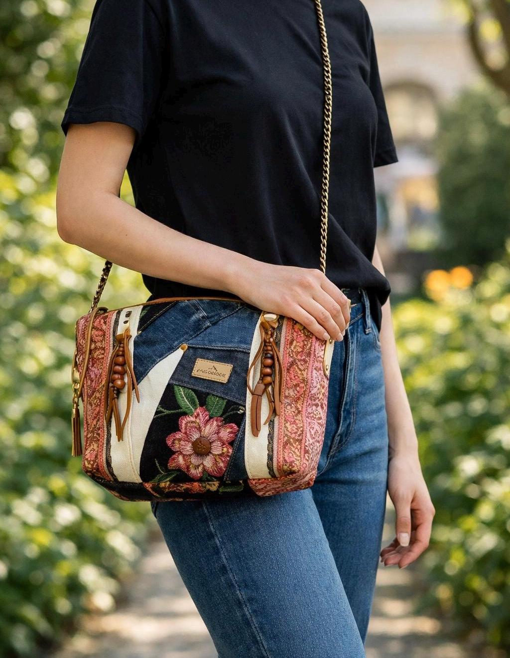 Boho Patchwork Crossbody Bag | Denim and Floral | Chain & Leather Strap