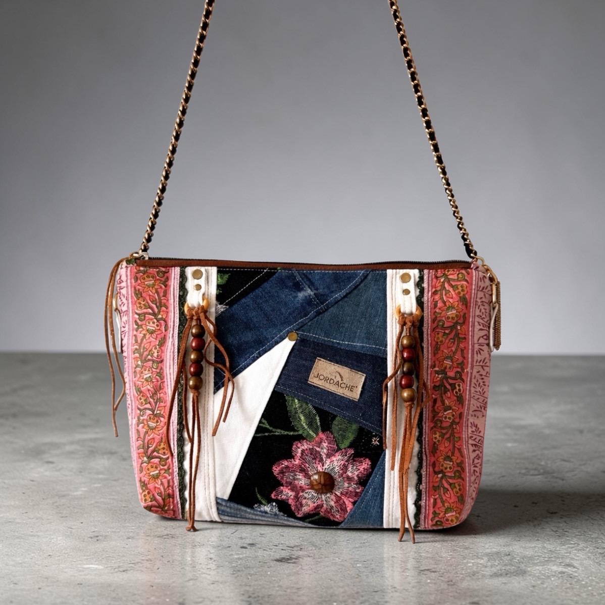 Boho Patchwork Crossbody Bag | Denim and Floral | Chain & Leather Strap