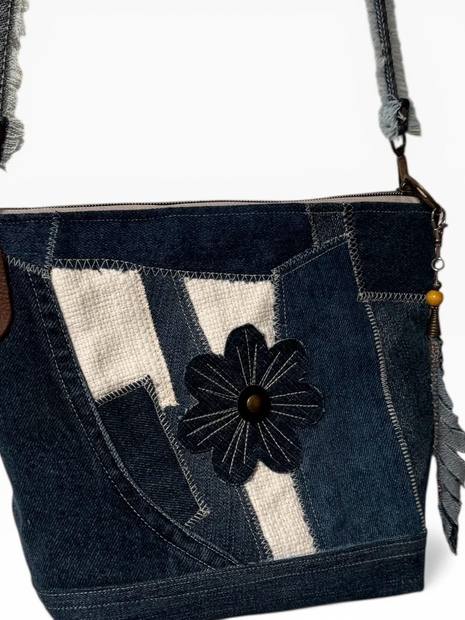 Upcycled Denim Crossbody Bag | Patchwork Boho Western Purse with Leather Flower