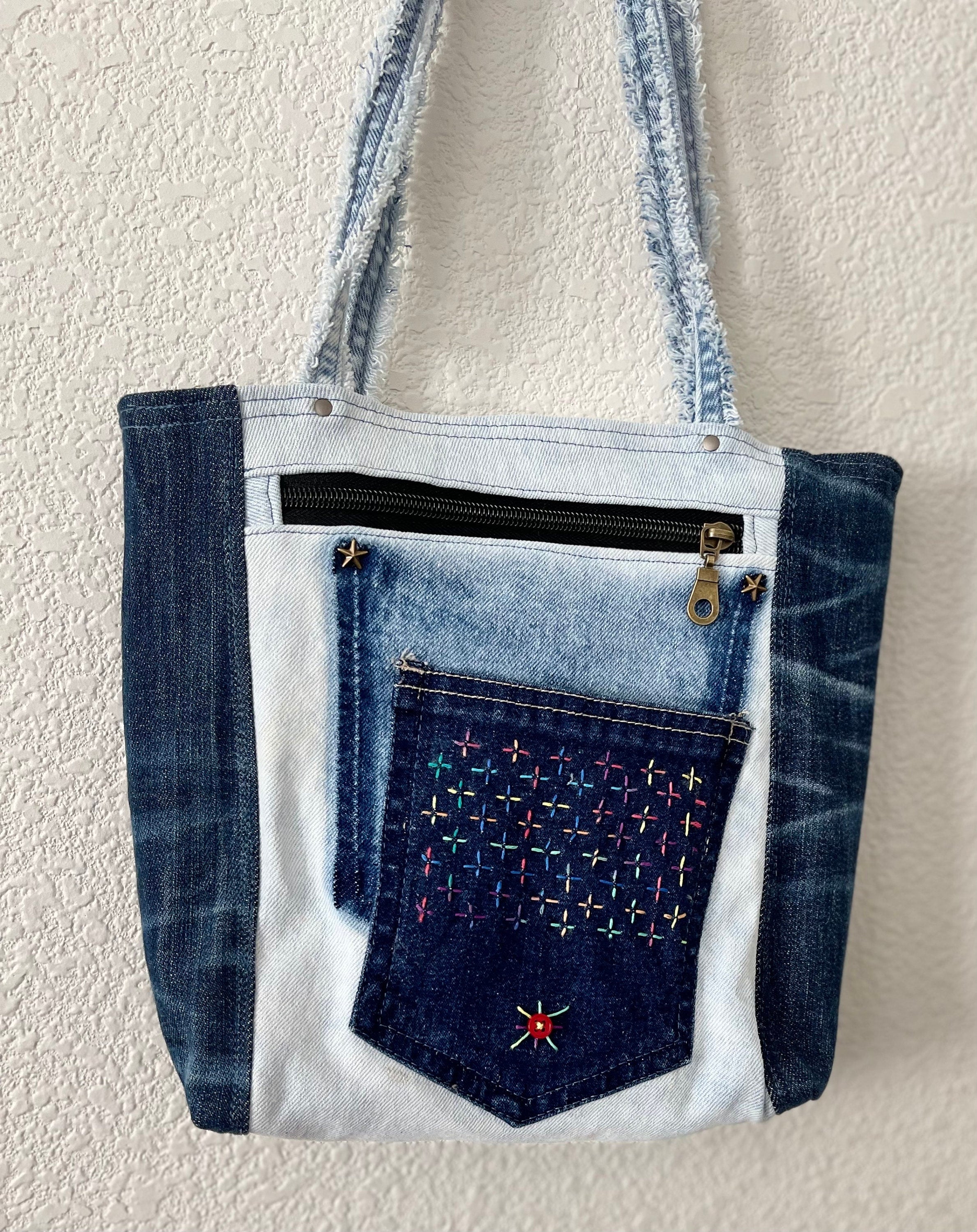Denim Patchwork & Sachiko hand, embroidery,  Shoulder Bag - Upcycled Jeans
