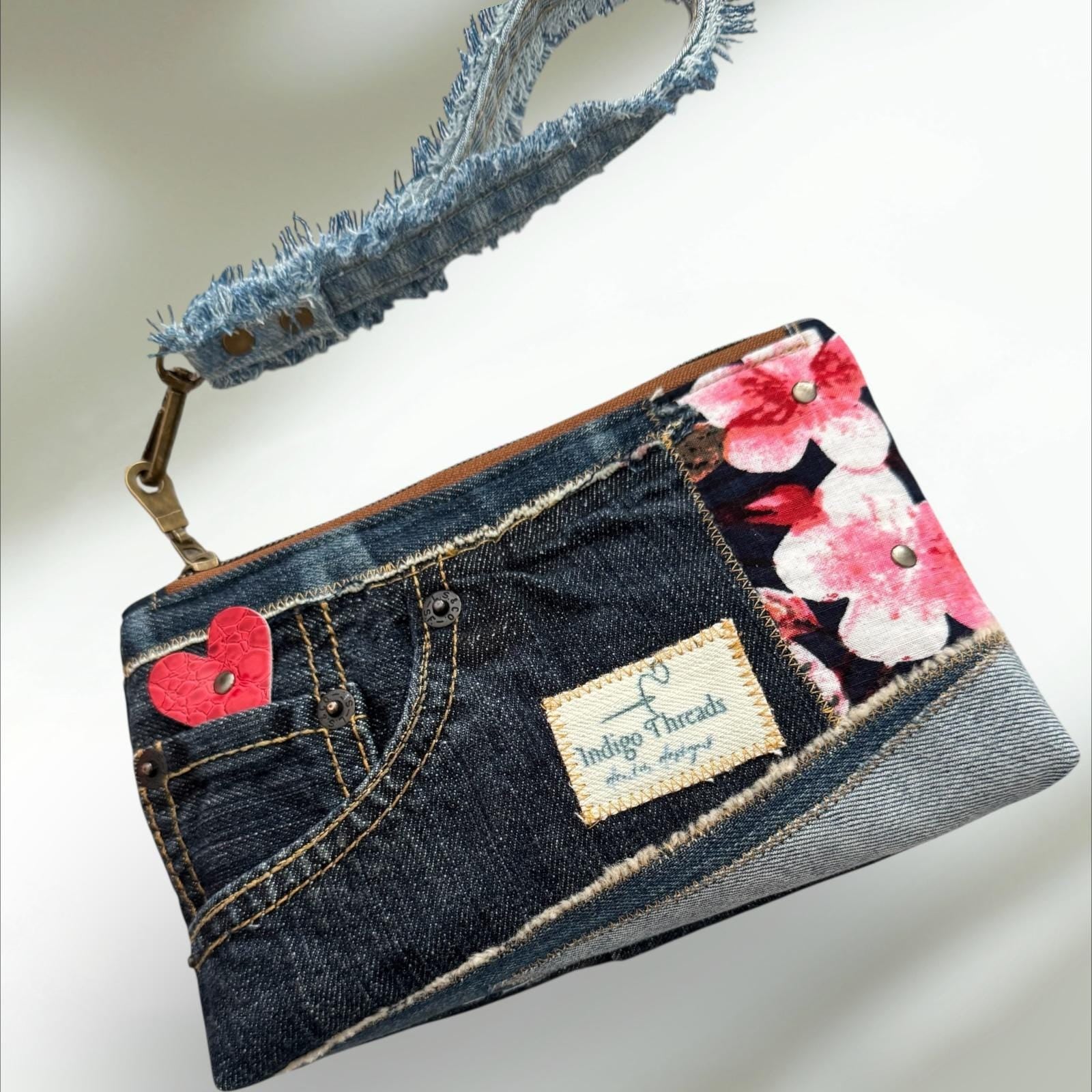 One-of-a-Kind Denim Patchwork Wristlet Clutch – Handmade Wallet, 7.5”x5”, Zipper Closure, 3 Card Slots