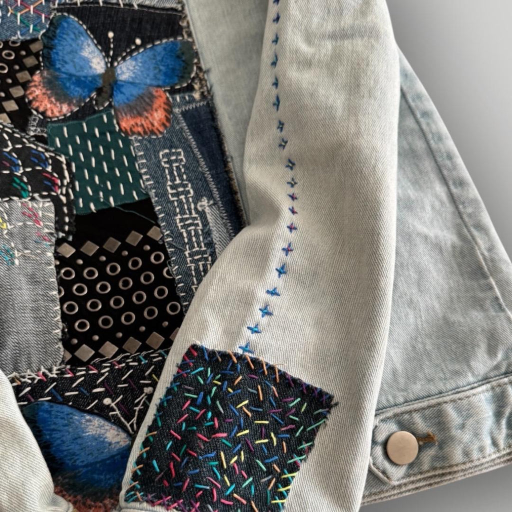 One-of-a-Kind Sashiko Boro Denim Jacket with Butterfly Appliqué | Hand-Embroidered, Upcycled, Japanese Threads