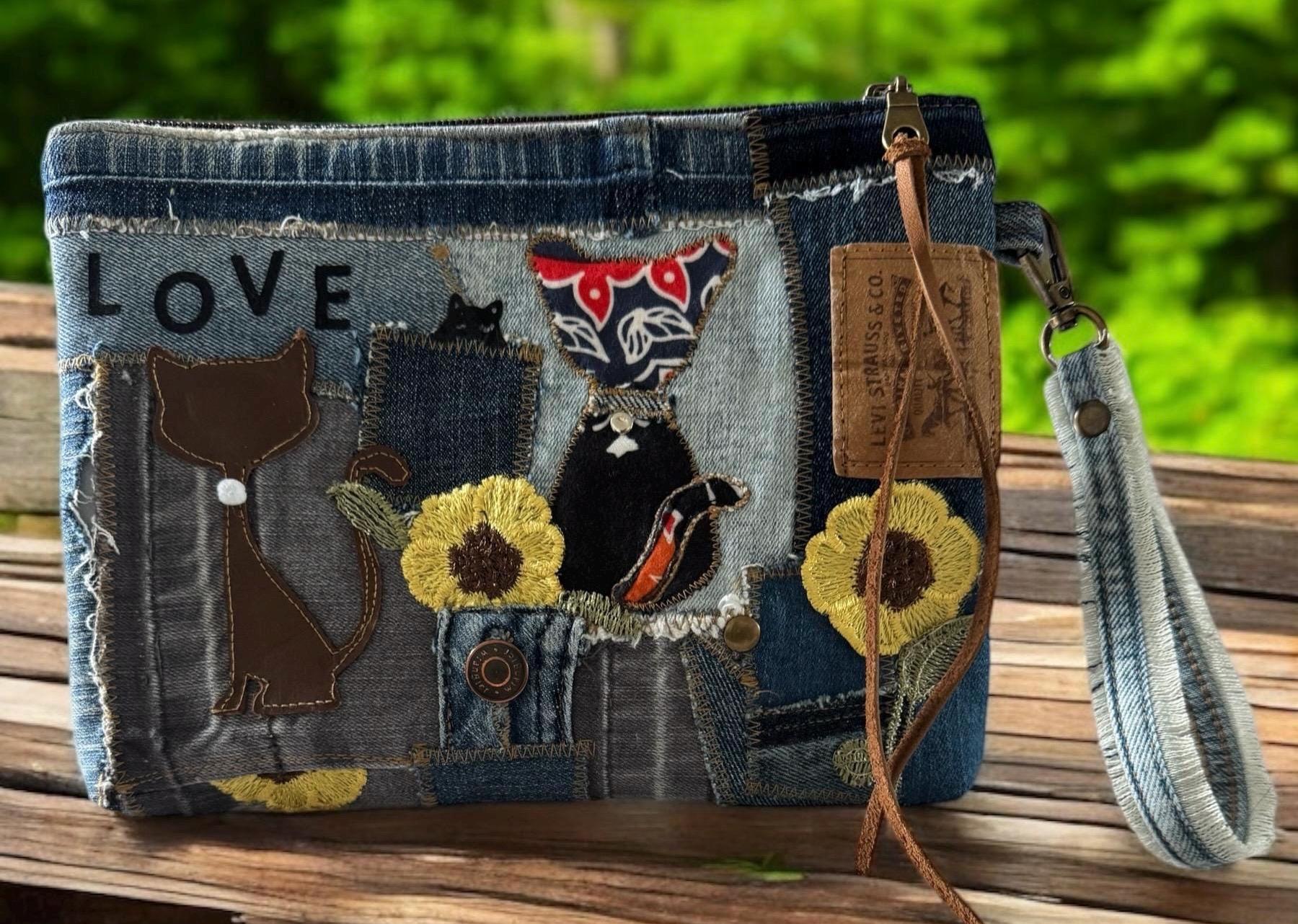 Cat Patchwork Crossbody Clutch Bag – Handmade Upcycled Denim Wristlet with Sunflowers, Appliqué & Chain Strap