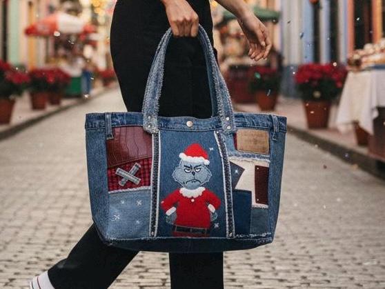 Grinch Christmas Patchwork upcycle Denim Tote Bag – Handmade – One of a Kind