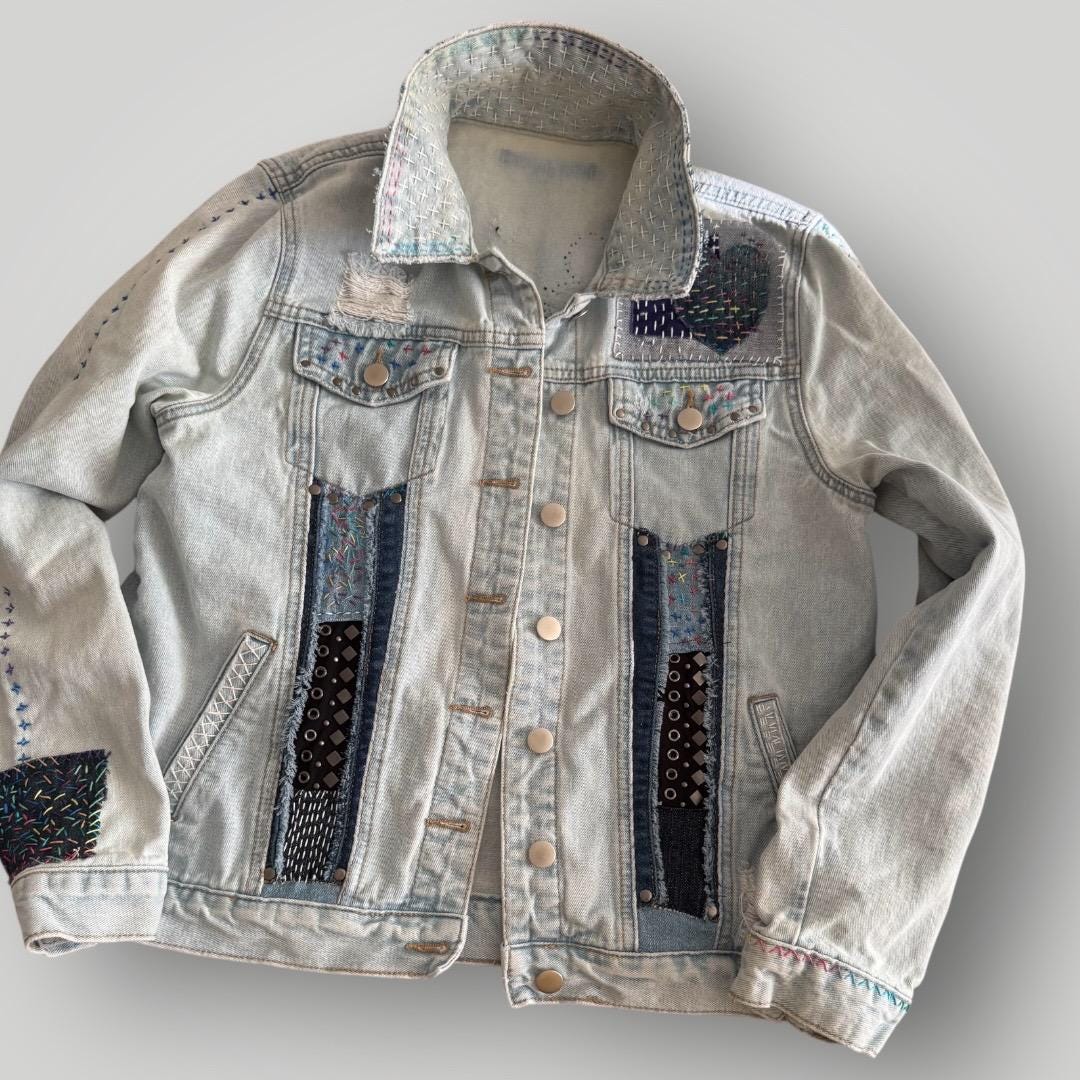 One-of-a-Kind Sashiko Boro Denim Jacket with Butterfly Appliqué | Hand-Embroidered, Upcycled, Japanese Threads