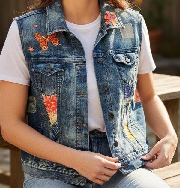 Upcycled Denim Patchwork Vest XXL | Handmade Boho Hippie Style